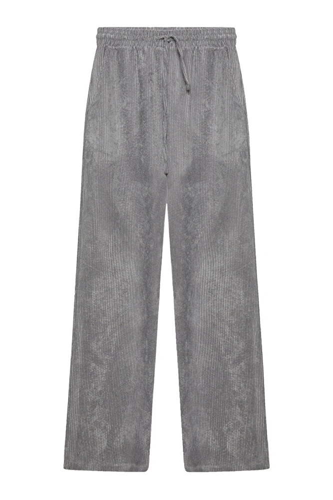 Bol paça kadife kumaş beli lastikli pantolon - Gri