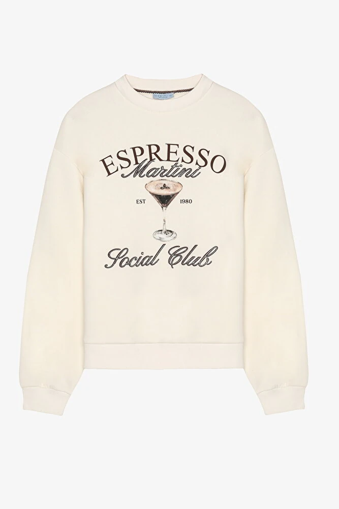 Espresso Baskılı Yazı Nakışlı Oversize Sweatshirt Ekru