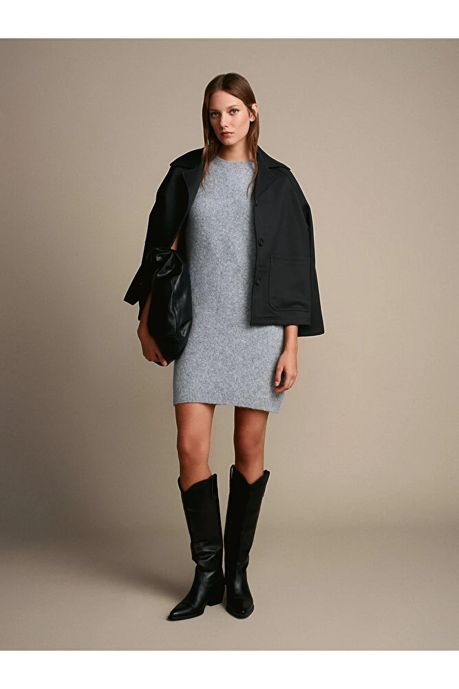 90257 Bisiklet Yaka Yün Karışımlı Triko Elbise-K.Gri Mel. - K.Gri Mel.