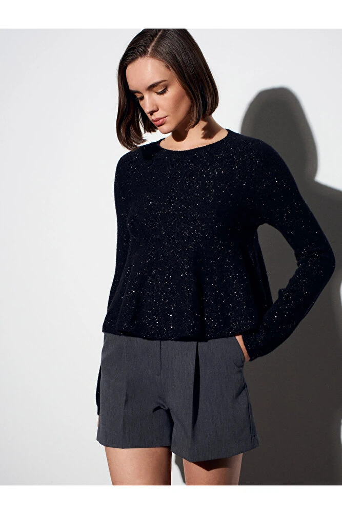 10832 Peplum Parıltılı Triko Kazak-Siyah - Siyah