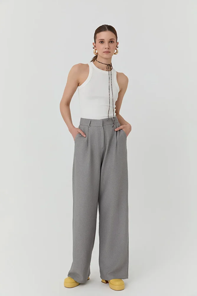 Bol Paça Palazzo Kumaş Pantolon Antrasit - Gri