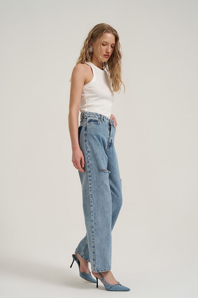 Yırtık Detaylı Bol Paça Denim Pantolon Mavi