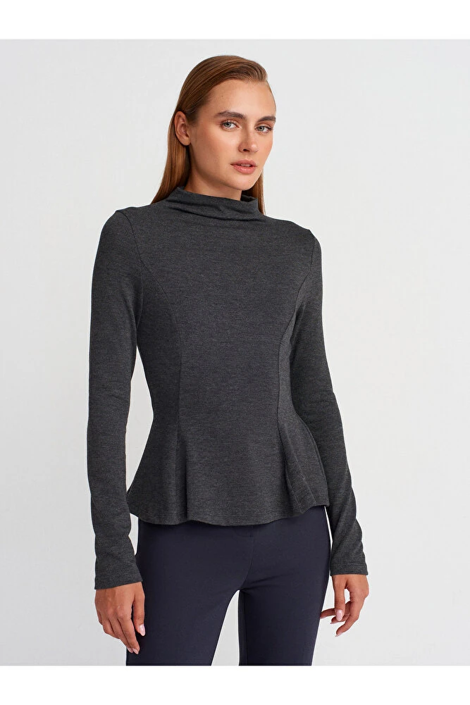32038 Uzun Kollu Peplum Top-Antrasit M - Antrasit M