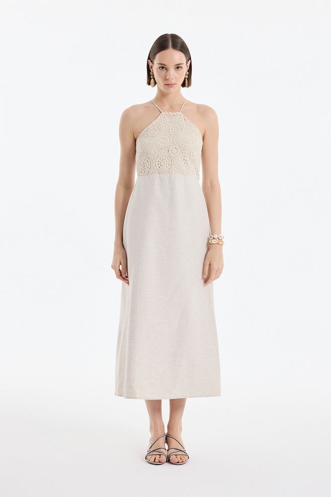 Halter Yaka Dantelli Uzun Elbise Naturel