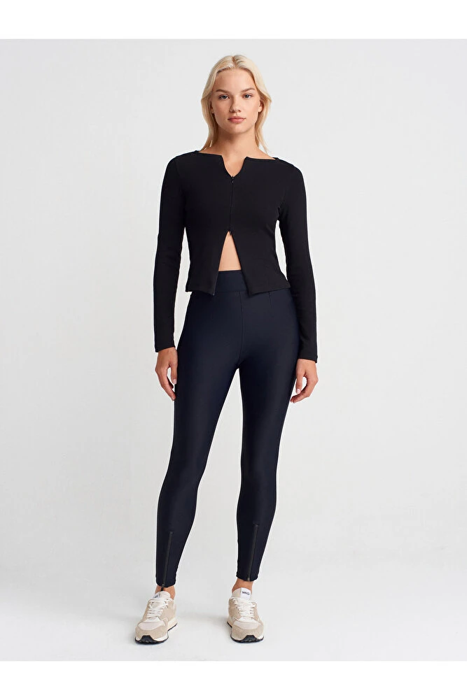 7934 Fermuar Detaylı Tayt-Bordo - Siyah