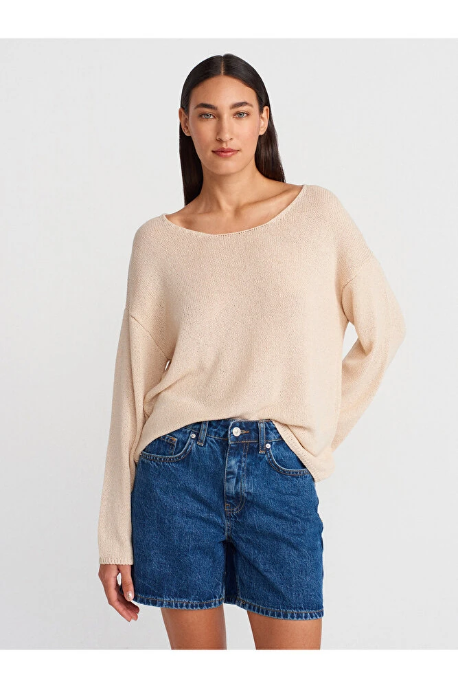 10706 Oval Yaka Dökümlü Kazak-Koyu Bordo - Taş