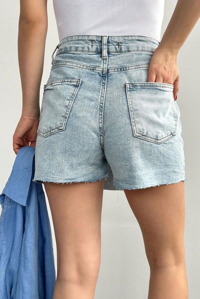 Kadın Mavi Çift Düğmeli Kısa Kot Şort Etek