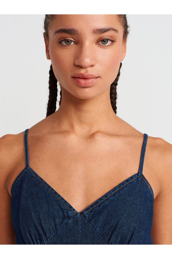 90549 Askılı Denim Midi Elbise-Lacivert