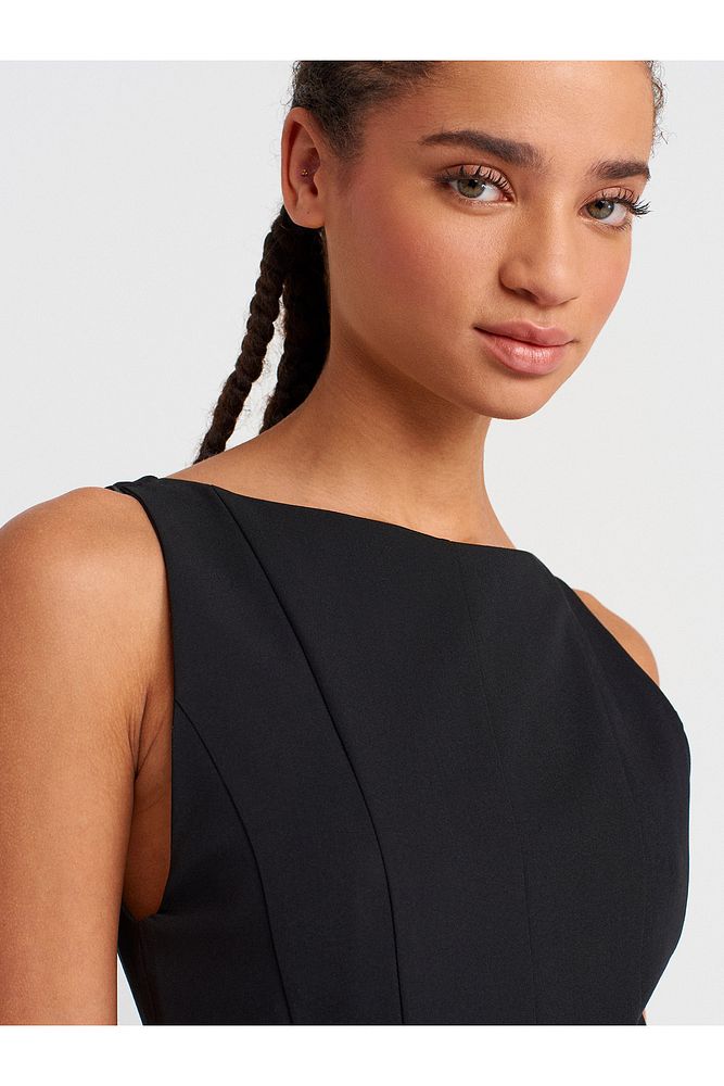 91446 Kayık Yaka Godeli Mini Elbise-siyah