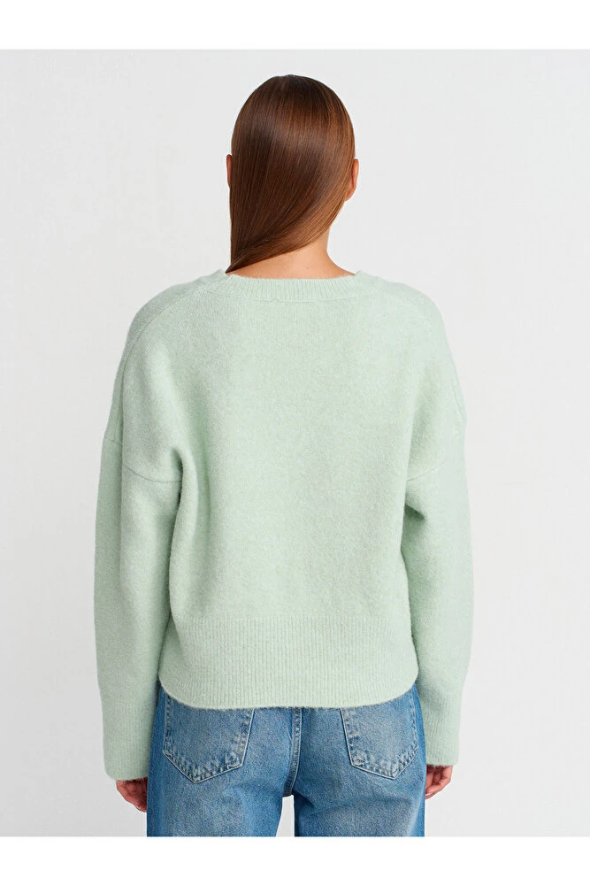 10645 V Yaka Yün Karışımlı Triko Kazak-A.Bej Mel.