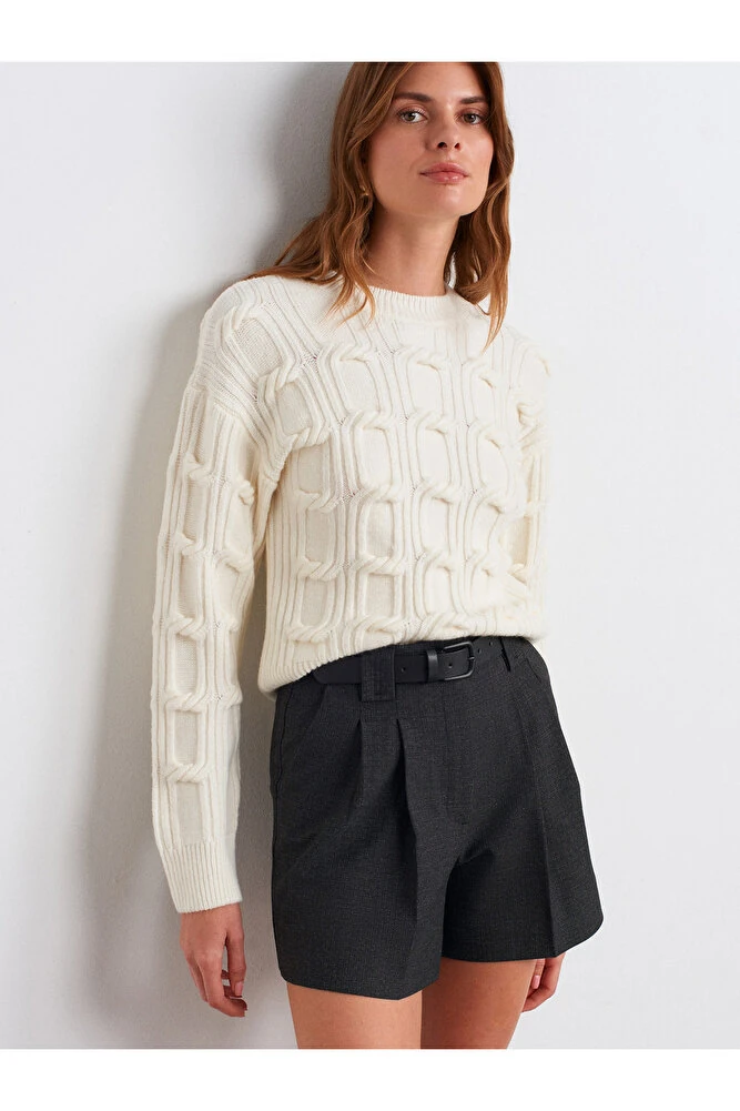 10825 Kabartma Detaylı Triko Kazak-Koyu Kahve - Ekru