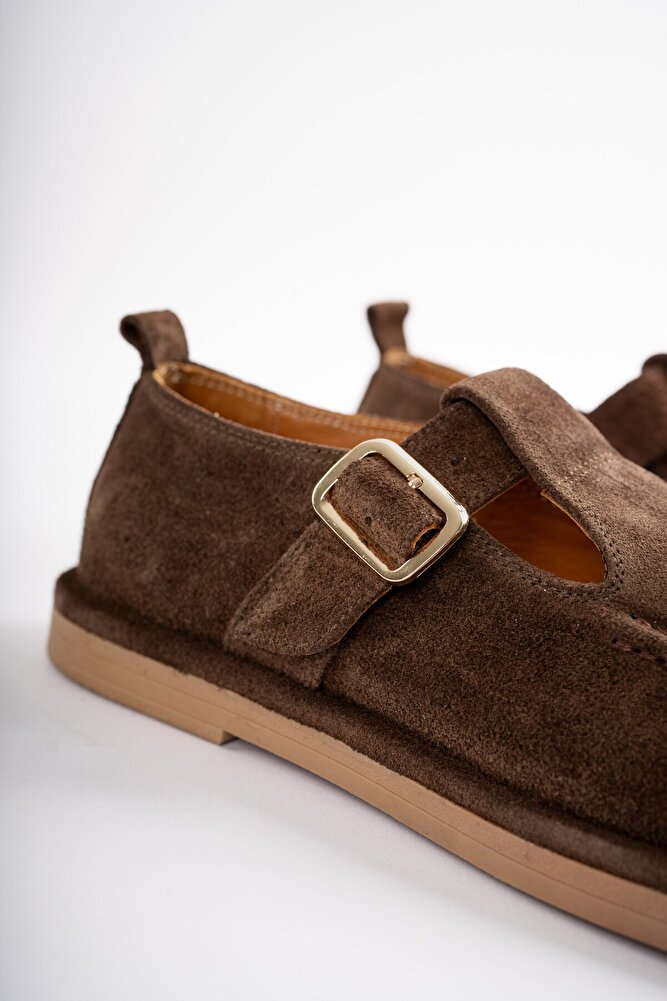 Cassiel Hakiki Deri Gold Ayarlanabilir Toka Detaylı Kadın Loafer- Kahve Süet