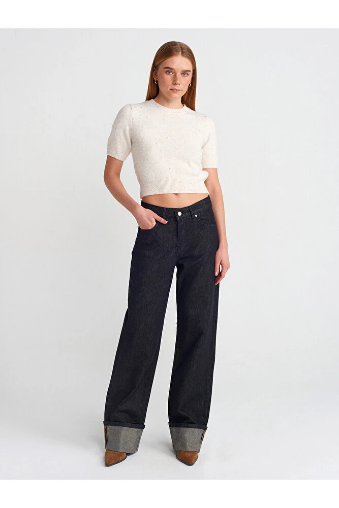 10703 Bisiklet Yaka Pullu Simli Triko Kazak-Bej