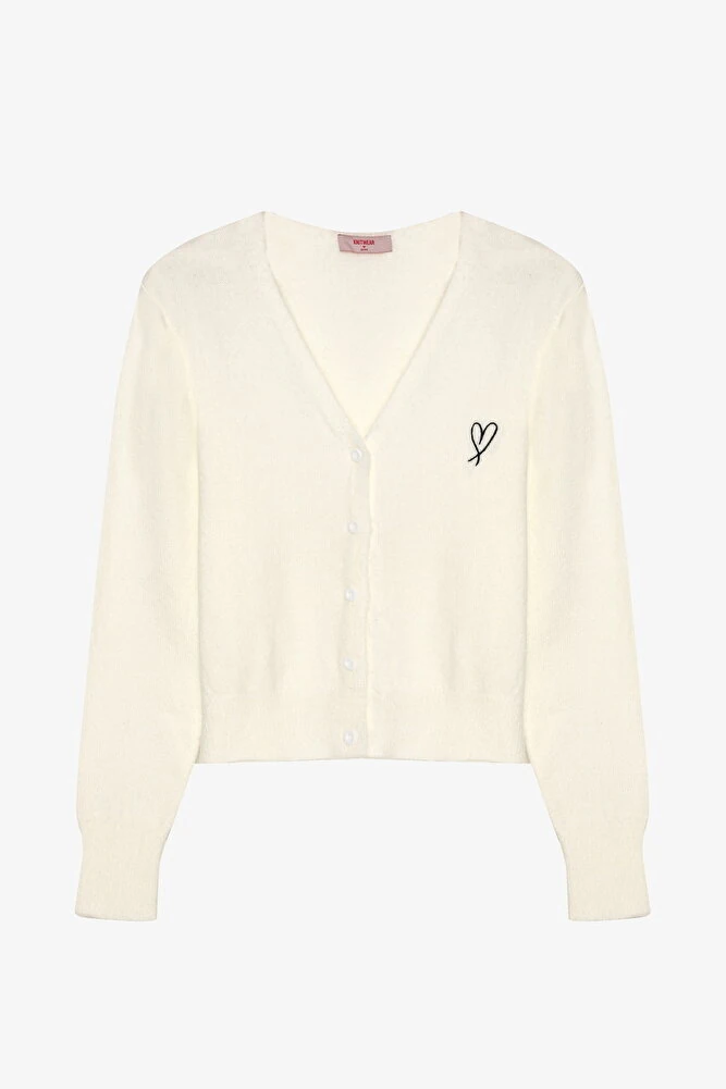 Kalp Nakışlı Düğmeli V Yaka Triko Hırka Bordo