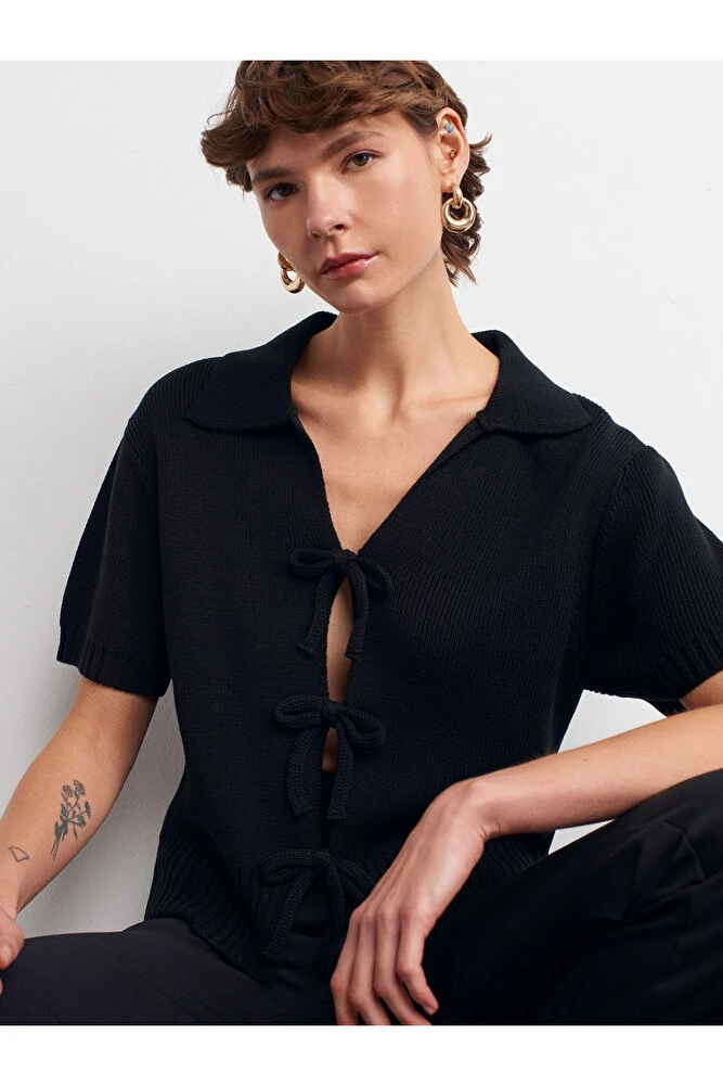 10809 Fiyonklu Triko Top-Coffee - Siyah