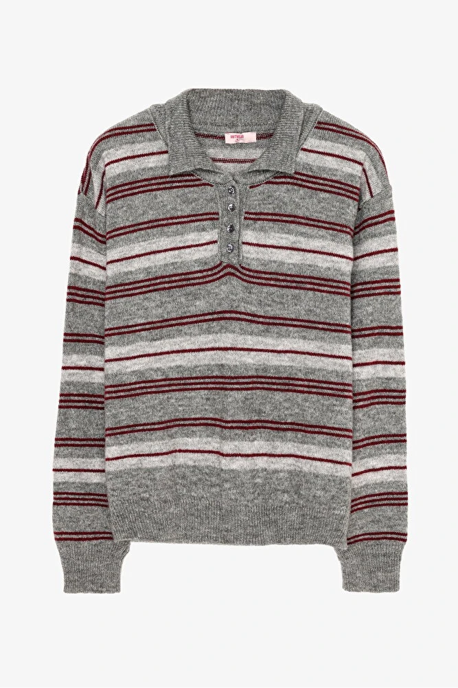 Ribanalı Polo Yaka Çizgili Triko Kazak Gri