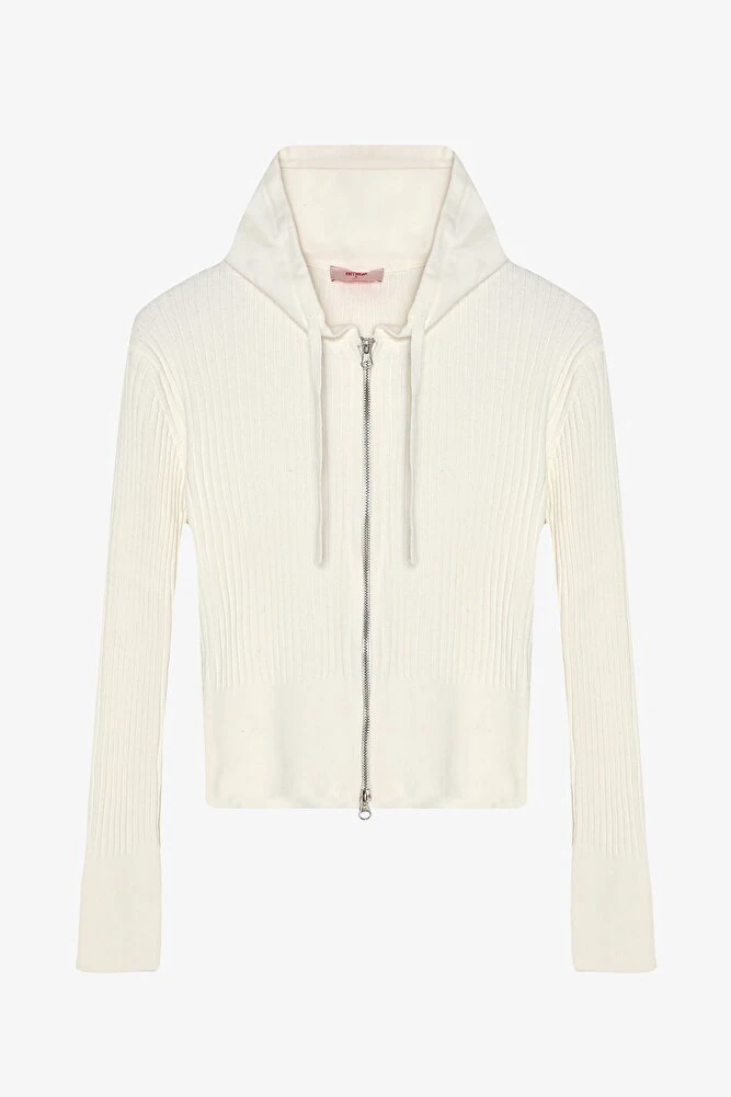 Fermuarlı Kapüşonlu Triko Hırka Ekru - Ekru