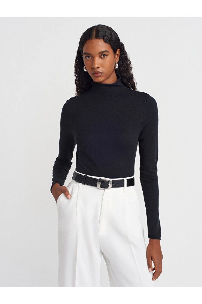 10714 Dik Yaka Yünlü Yumuşak İnce Dokulu Triko Kazak-Yağ Yeşil - Siyah