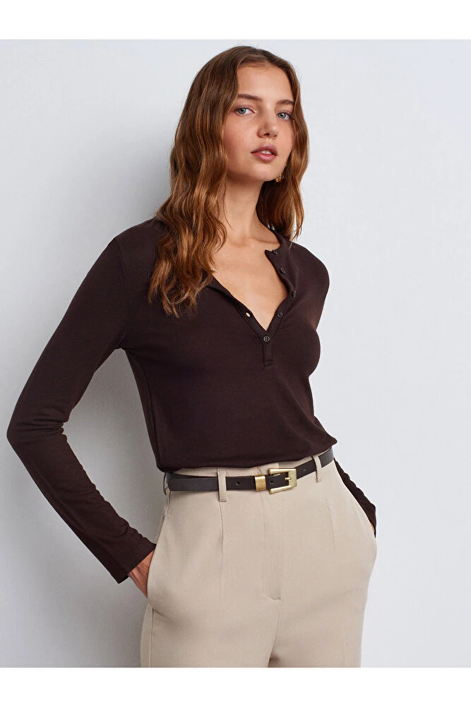 31544 Düğmeli Uzun Kollu Top-Bordo - Koyu Kahve