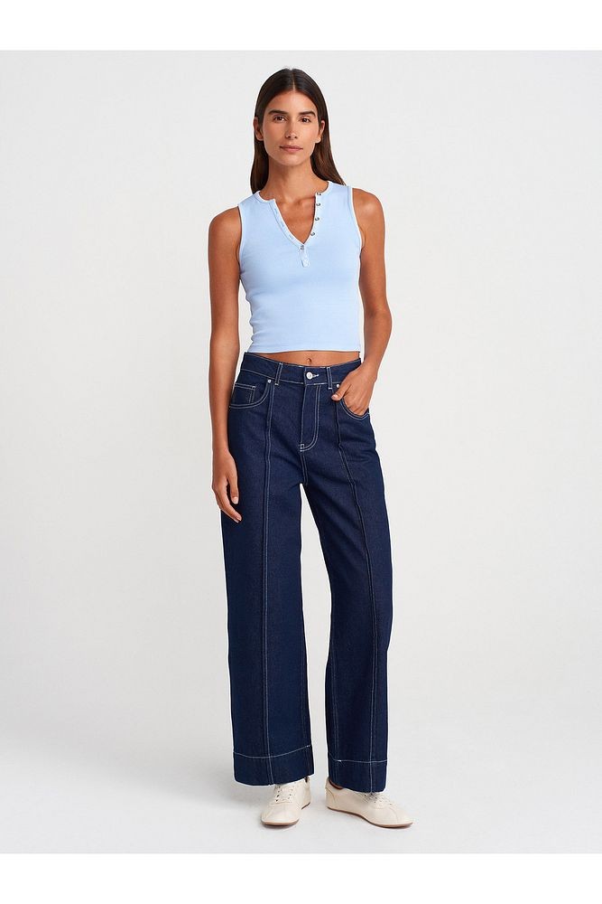 21005 Yıkama Efetkli Crop Top-Mavi