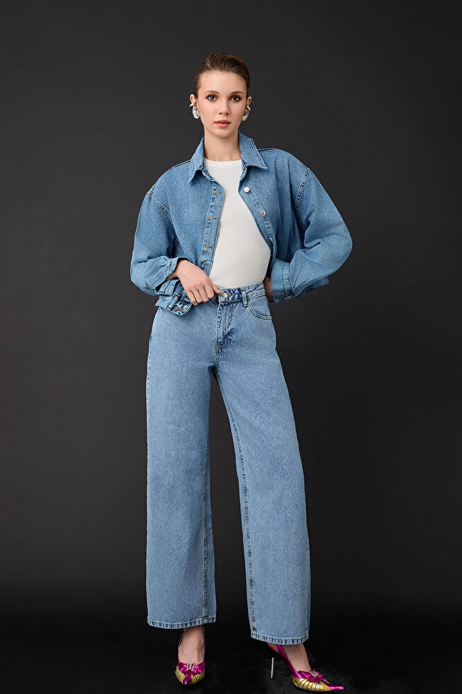 Yüksek Bel Bol Paça Kot Pantolon Açık Mavi