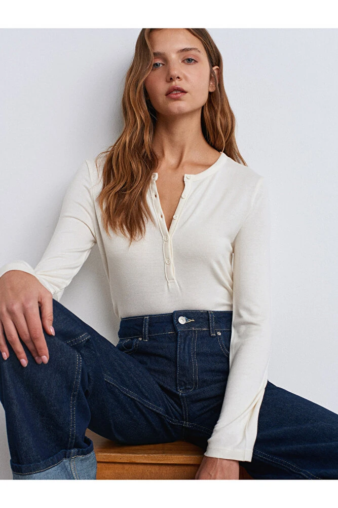 31544 Düğmeli Uzun Kollu Top-Bordo - Ekru