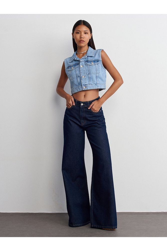 71706 Rins Yıkama Geniş Denim Pantolon-Lacivert