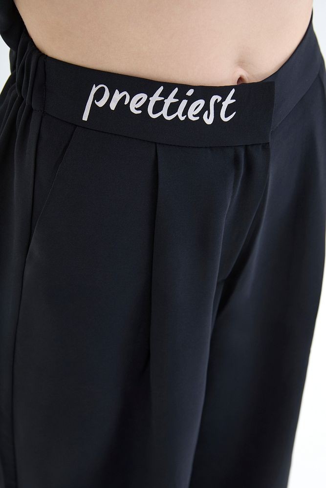Beli Yazı Baskılı Bol Paça Pantolon Siyah