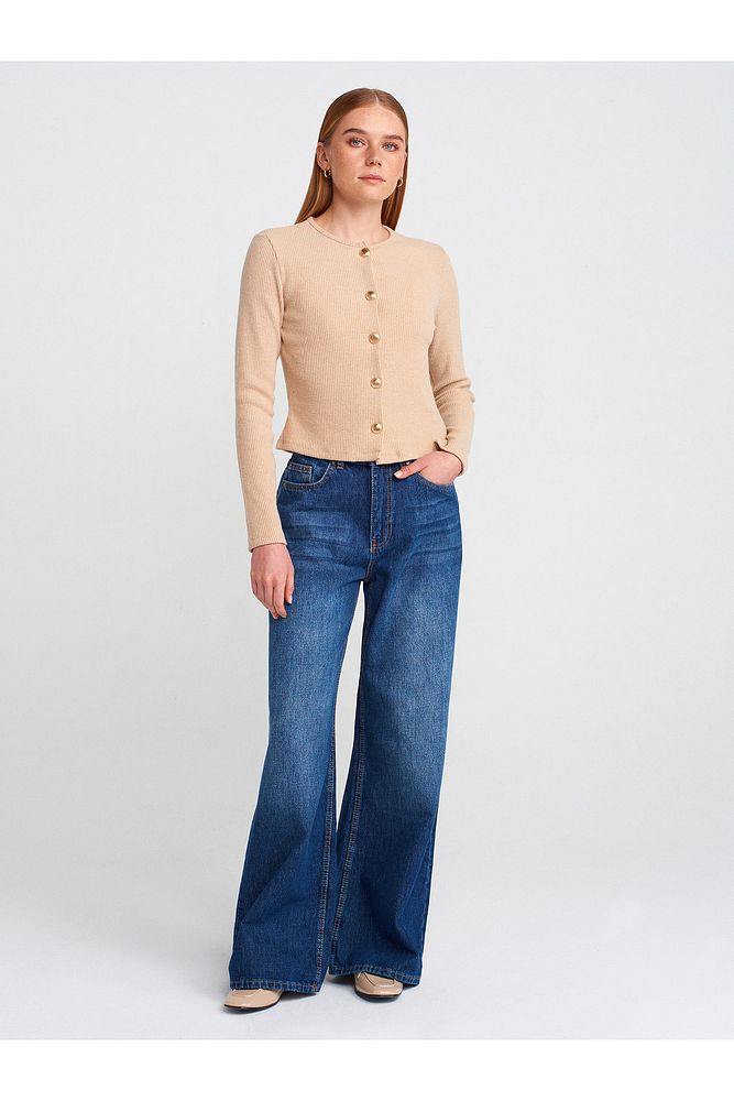 71784 Dökümlü Kumaş Geniş Denim Pantolon-Lacivert