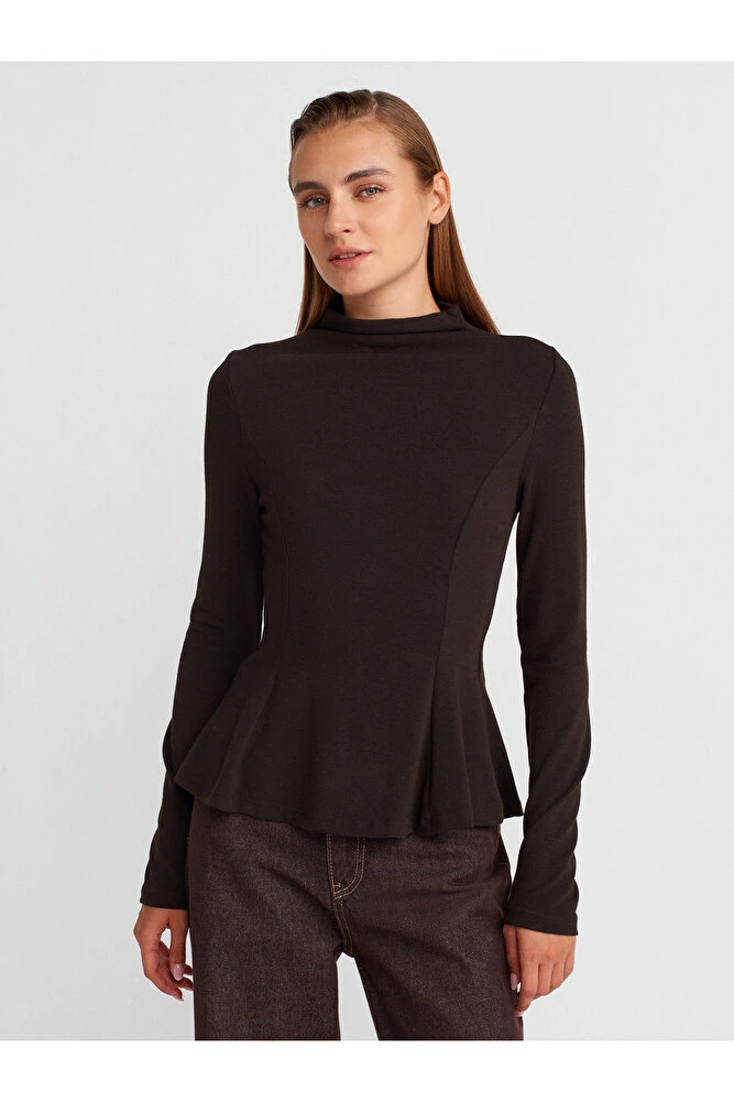 32038 Uzun Kollu Peplum Top-Antrasit M - Koyu Kahve