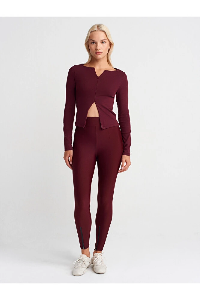 7934 Fermuar Detaylı Tayt-Bordo - Bordo