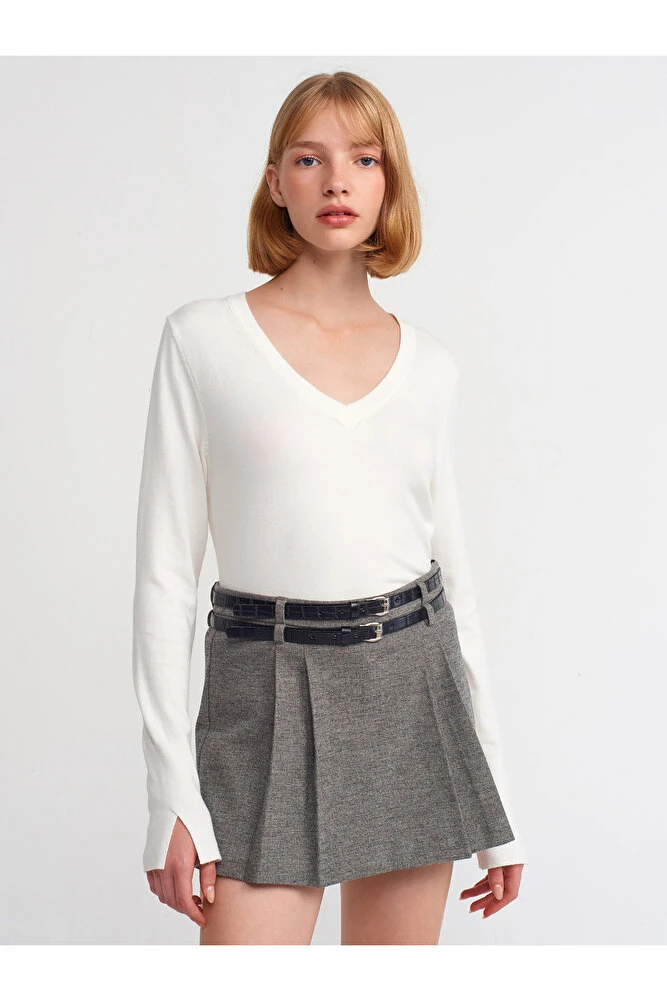 10427 V Yaka Kolu Yırtmaçlı Kazak-K.Zümrüt - Ekru