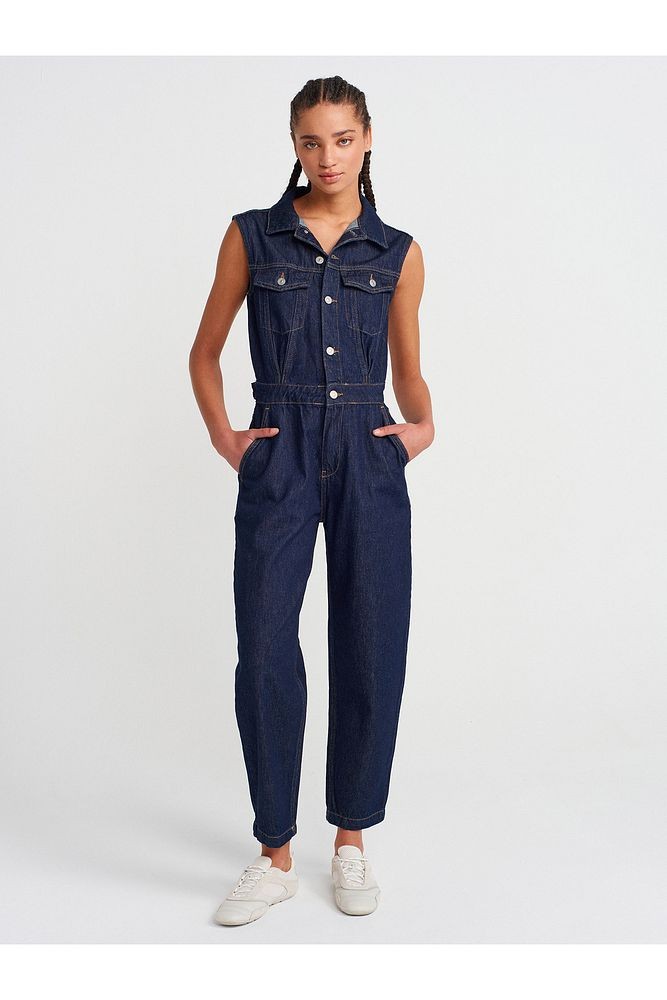 71804 Kolsuz Uzun Denim Tulum-Lacivert