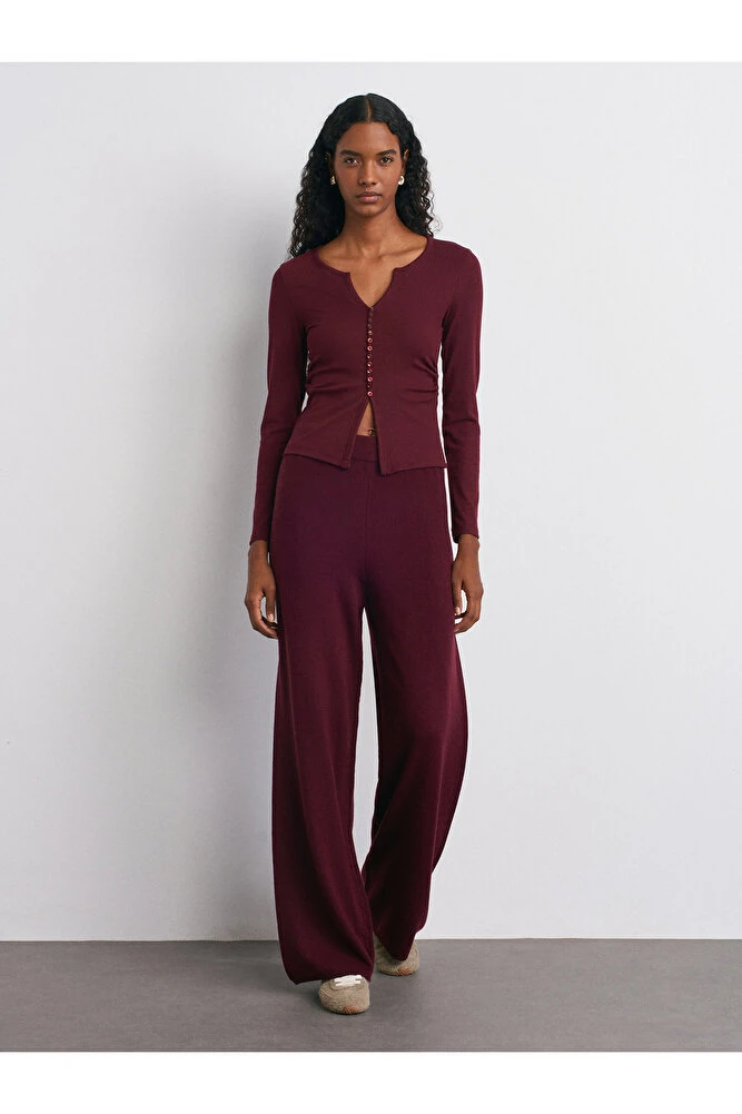 70163 Beli Lastikli Yünlü Triko Pantolon-Bordo M. - Bordo M.