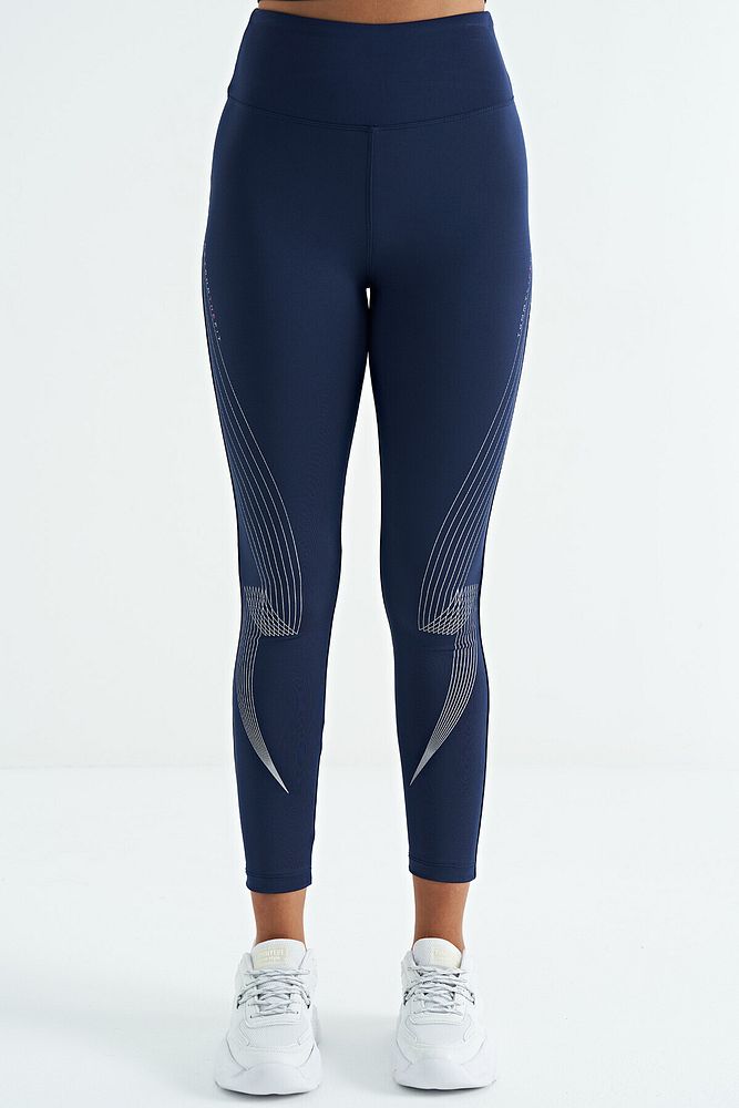 İndigo Baskılı Yüksek Bel Slim Fit Kadın Tayt - 94639