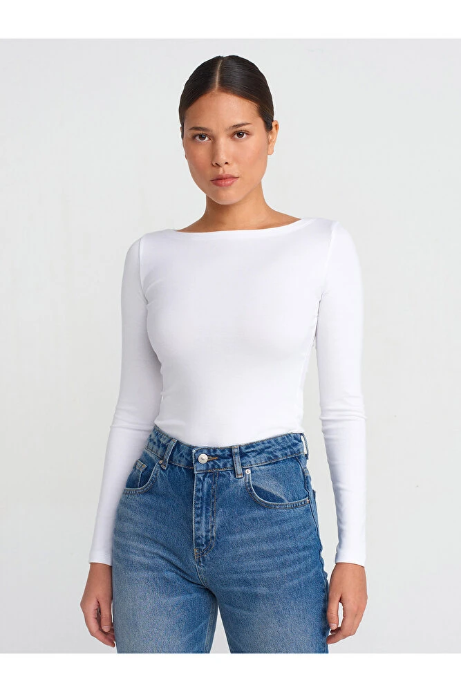 31332 Kayık Yaka Uzun Kollu Top-Bordo - Beyaz