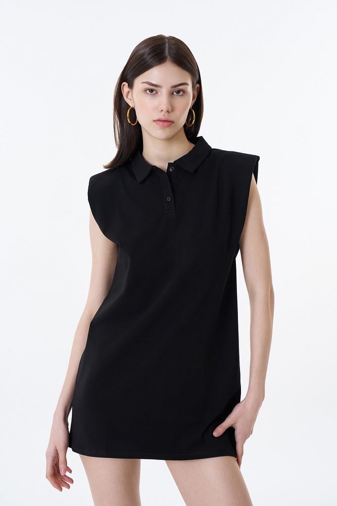 Polo Yaka Vatkalı Mini Elbise Siyah