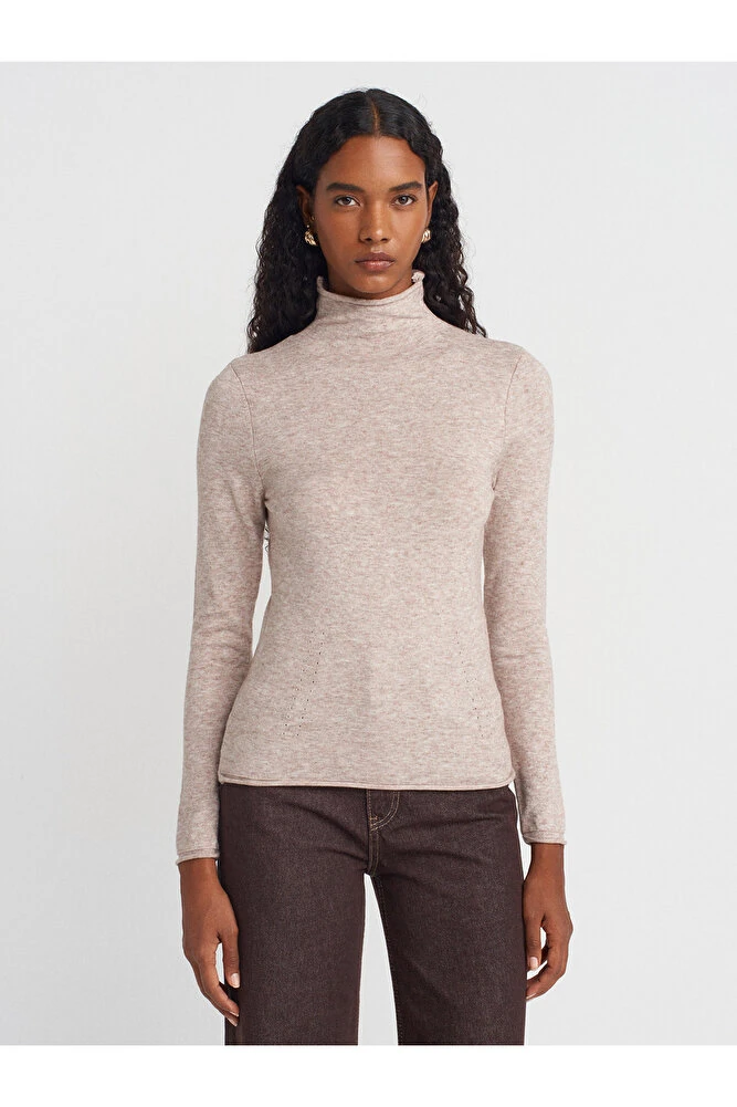 10714 Dik Yaka Yünlü Yumuşak İnce Dokulu Triko Kazak-Yağ Yeşil - Vizon M.