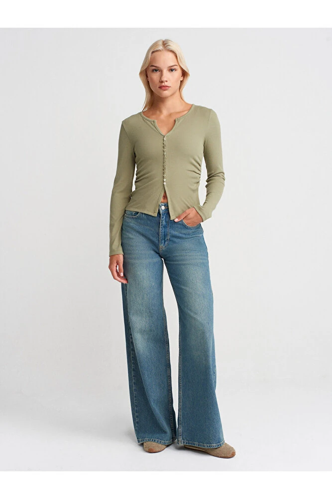 31548 Düğme Detaylı Büzgülü Top-Çağla