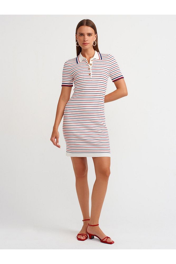 90218 Polo Yaka Çizgili Triko Elbise-Ekru