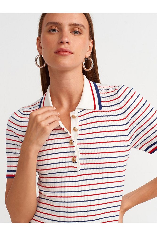 90218 Polo Yaka Çizgili Triko Elbise-Ekru