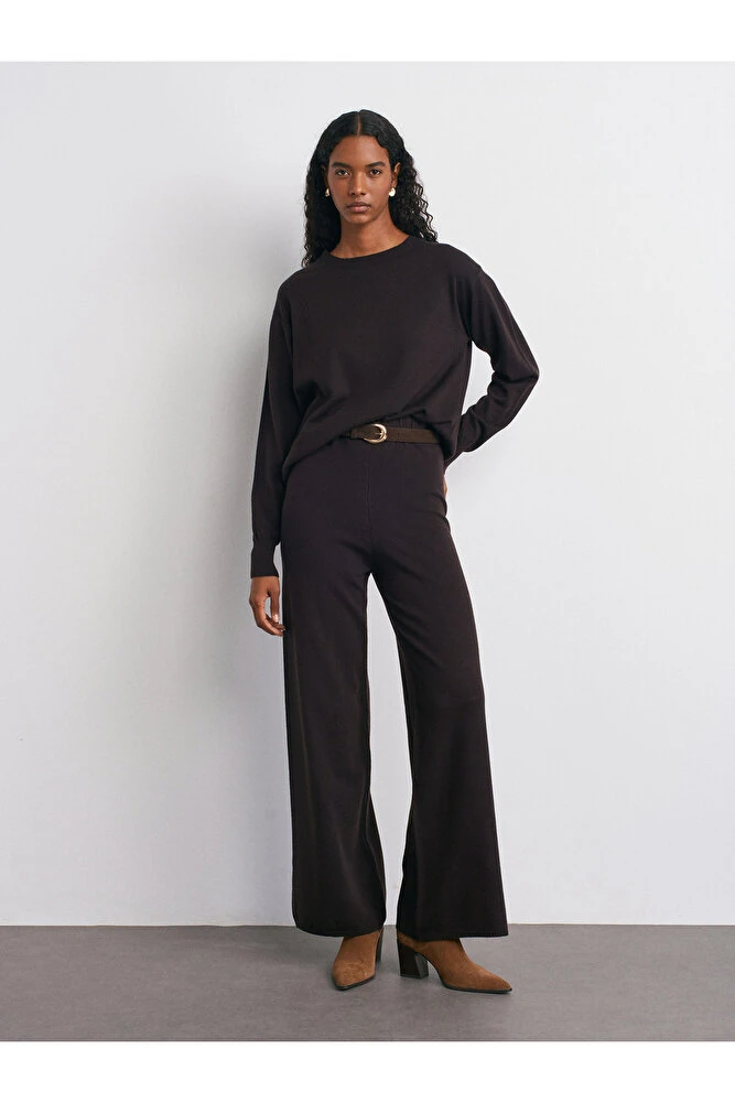 70163 Beli Lastikli Yünlü Triko Pantolon-Bordo M. - Koyu Kahve