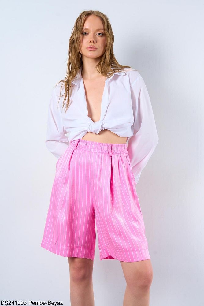 Desenli Trend Pembe-Beyaz Şort