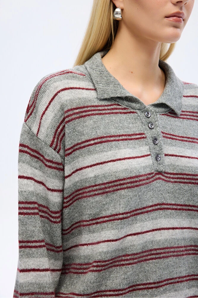 Ribanalı Polo Yaka Çizgili Triko Kazak Gri