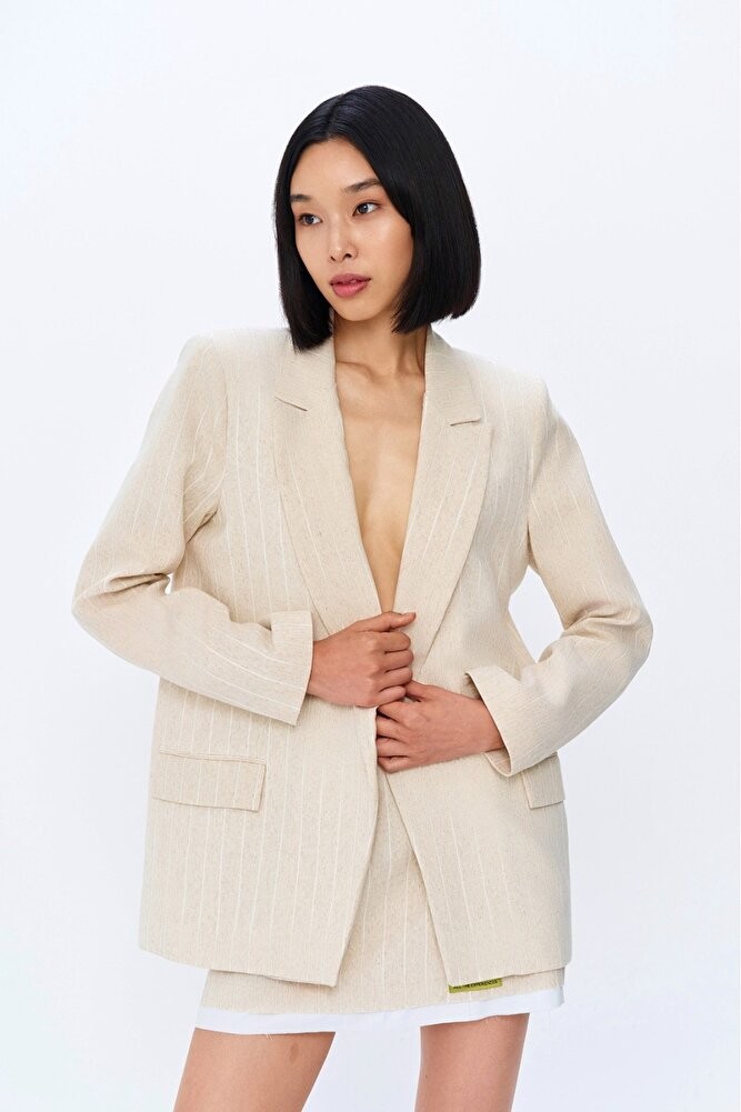 Etnik Desenli Kruvaze Blazer Ceket Natur