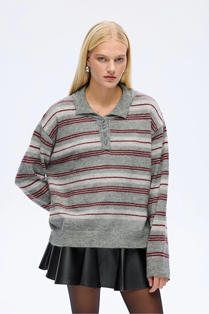 Ribanalı Polo Yaka Çizgili Triko Kazak Gri