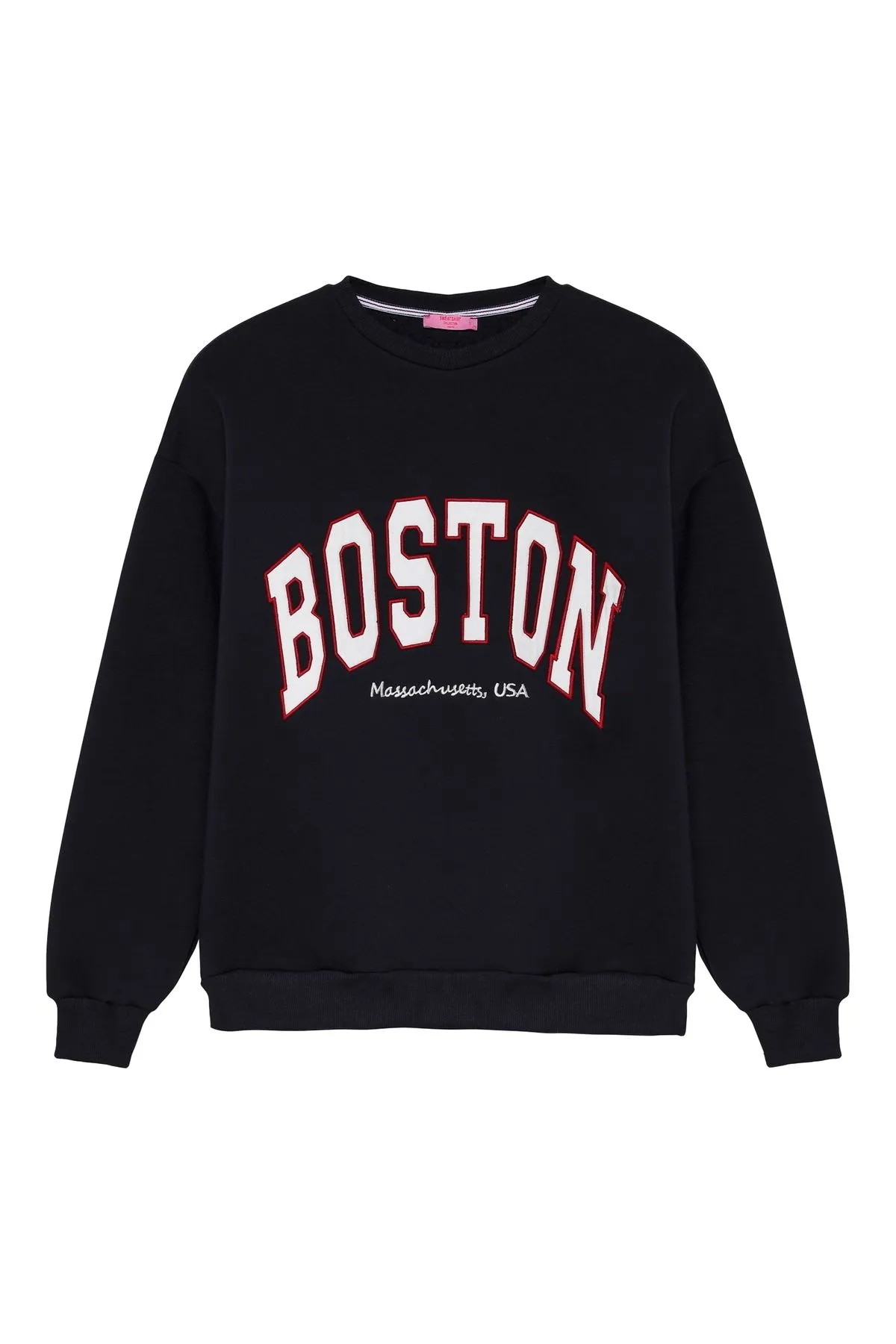 Quzu Kolu Fermuarlı Boston Yazılı Sweatshirt Lacivert