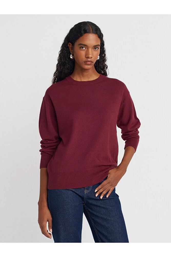 10633 Bisiklet Yaka Basic Triko Kazak-vizon M. - Bordo M.