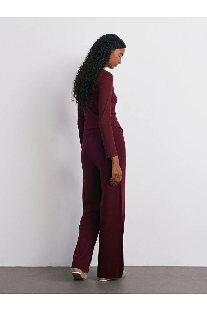 70163 Beli Lastikli Yünlü Triko Pantolon-Bordo M.