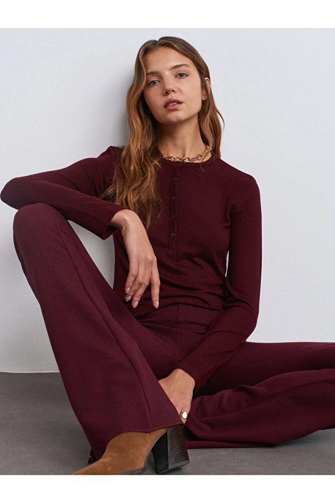 31544 Düğmeli Uzun Kollu Top-Bordo